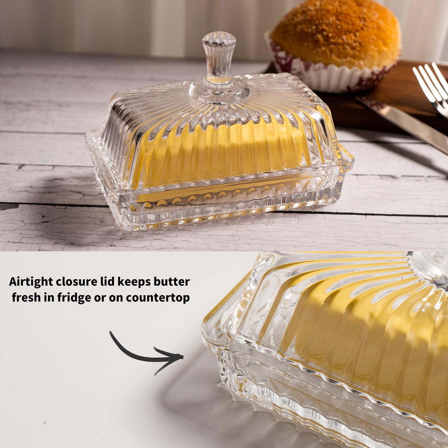 Clear Glass Butter Dish with Lid, Covered Crystal Butter Stick Holder Tray, Glass Butter Storage Container for Fridge Countertop