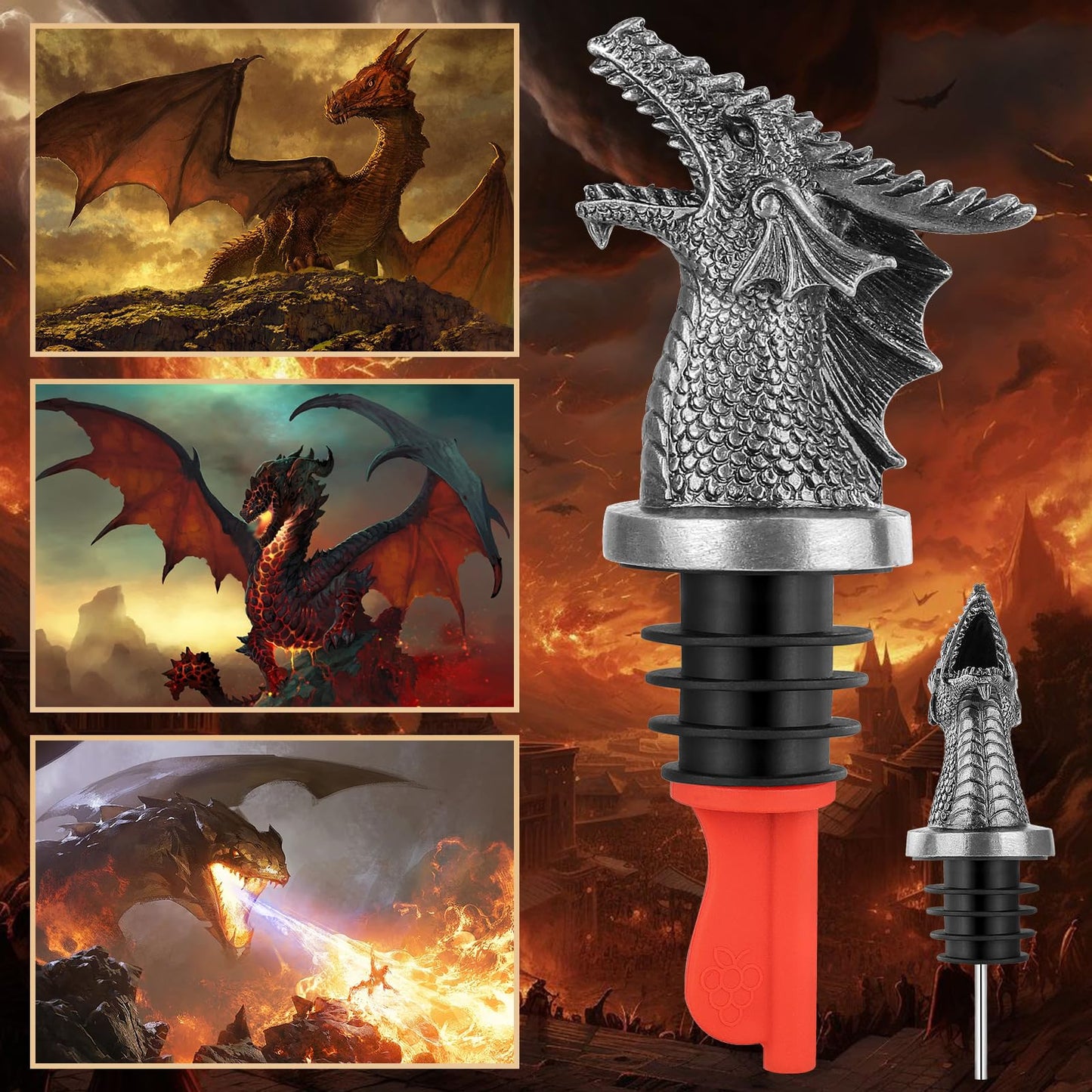 LKKCHER Dragon Head Liquor Pourers Spout for Alcohol Spirits, Dragon Gifts 2-In-1 Wine Bottle Pourer and Stopper for Men Women, Wine Accessories Gifts, Silver with Bag