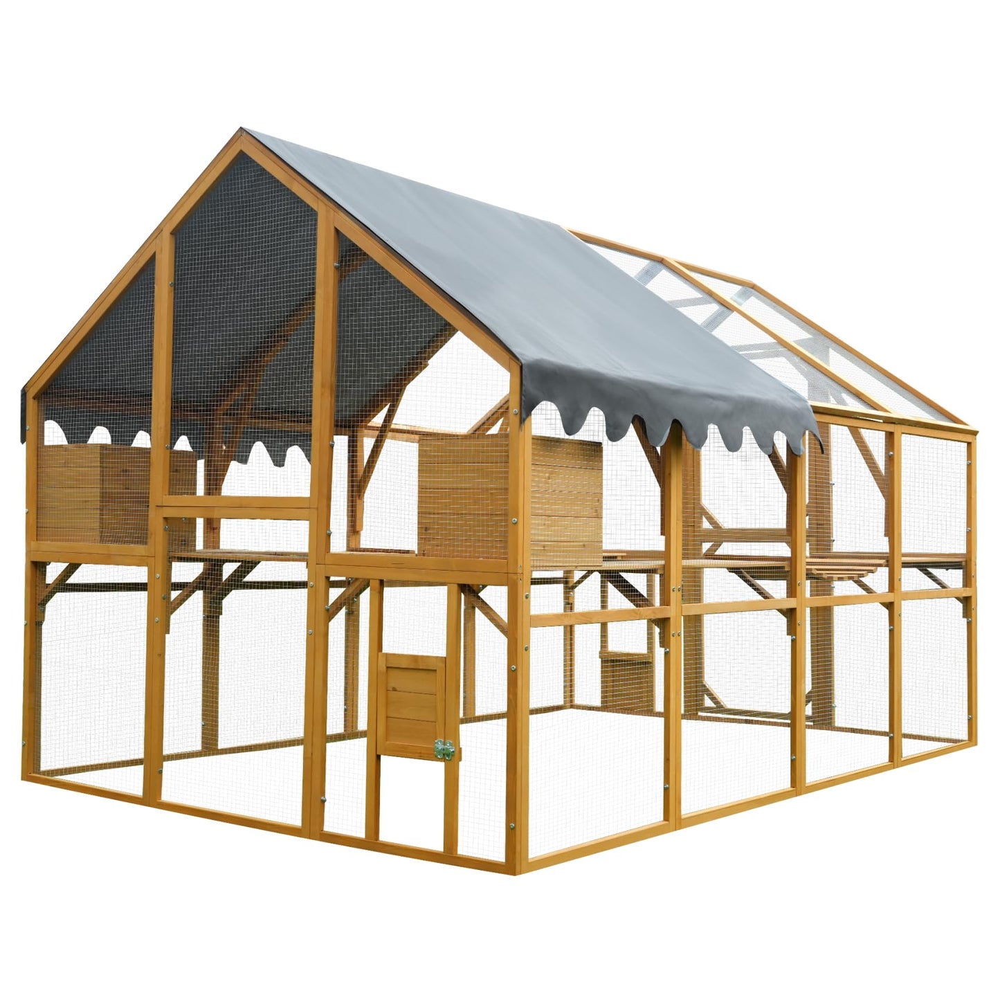 KEIKI 110"L Outdoor Large Chicken Coop with Waterproof Cover, Roosting Platform, Wire Mesh & 2 Lift Small Doors with Locks, Wood Chicken Coop House with Run for Cat Kitten Playpen, Duck, Rabbit, Quail
