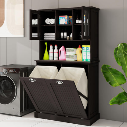 Sang Seiyoga Tilt Out Laundry Hamper Cabinet, Double Compartment Sorter Tall Organizer with 2 Adjustable Shelves & Top Shelf, Space Efficient for Bathroom/Dorm, Easy Clean Interior Black
