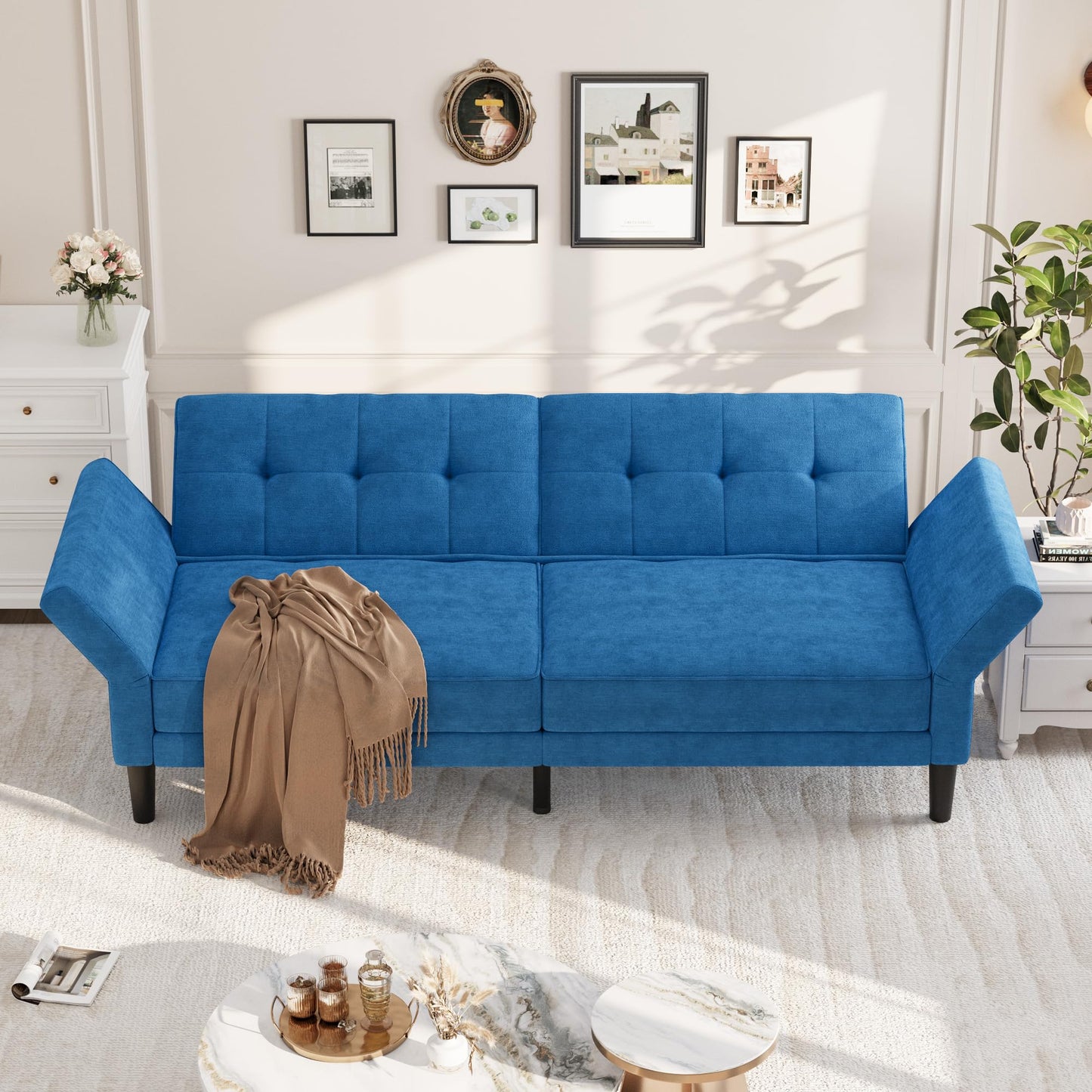 IDEALHOUSE 89" Futon Sofa Bed, Convertible Sleeper Sofa with Adjustable Backrest & Armrest, Modern Futon Couch Bed, Loveseat Sleeper for Living Room Bedroom Apartments, Blue