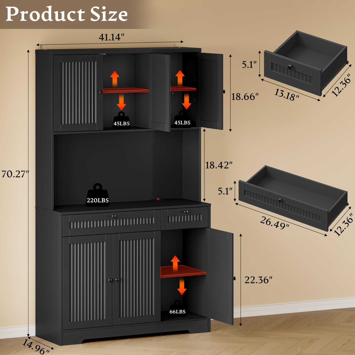 BORNOON Pantry Cabinet with Charging Station and Light, Tall Kitchen Pantry Storage Cabinet with Microwave Stand, Wide Fluted Kitchen Hutch with Storage Drawers and Adjustable Shelves for Dining Room