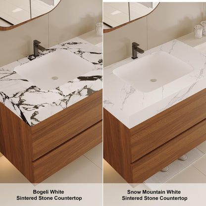 KEIKI 29.9" Bathroom Vanity with Undermount Sink Combo, Modern Floating Vanity Cabinet with 2 Drawers & Open Side Shelves, Storage Wall Mounted Cabinet for Small Space, Walnut Marbe