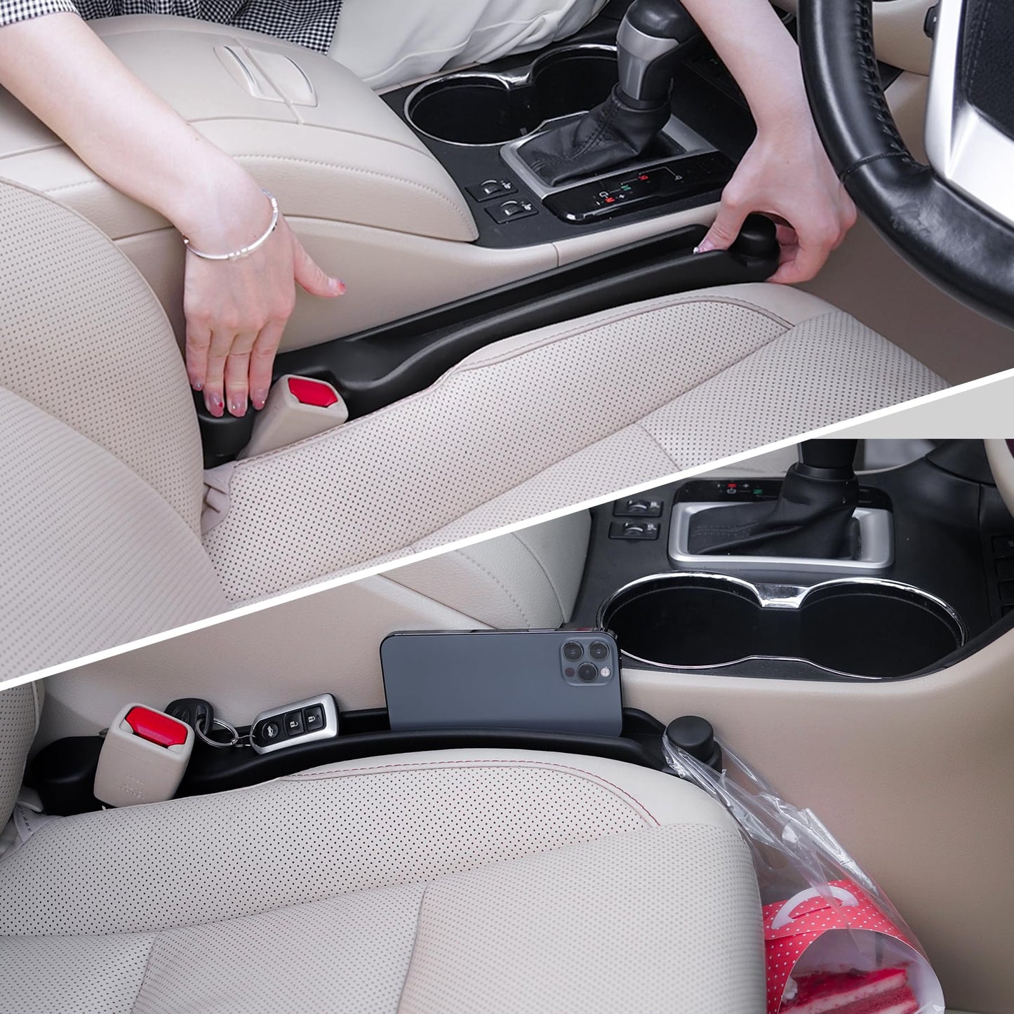 Car Seat Gap Filler Set of 2, 3IN1 Seat Side Gap Filler Plug with Storage Slot & Hook Function, Soft Foam Universal Fit Car SUV Truck Fill Gap Between Seats Console Organizer（Narrow Black）