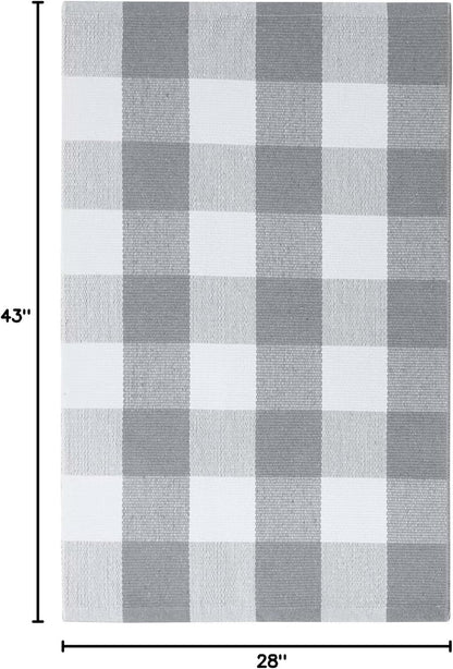 KOZYFLY Buffalo Plaid Rug 27.5x43 Inches, Grey and White Hand Woven Cotton Washable Indoor Rug