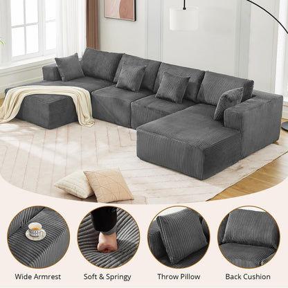 137" Oversized Cloud Boneless Sofa Couch with Chaise, Modern Corduroy u Shaped Modular Sectional Sofa with Deep Seat, No Assembly Required, Convertible Compression Sleeper Sofa for Living Room