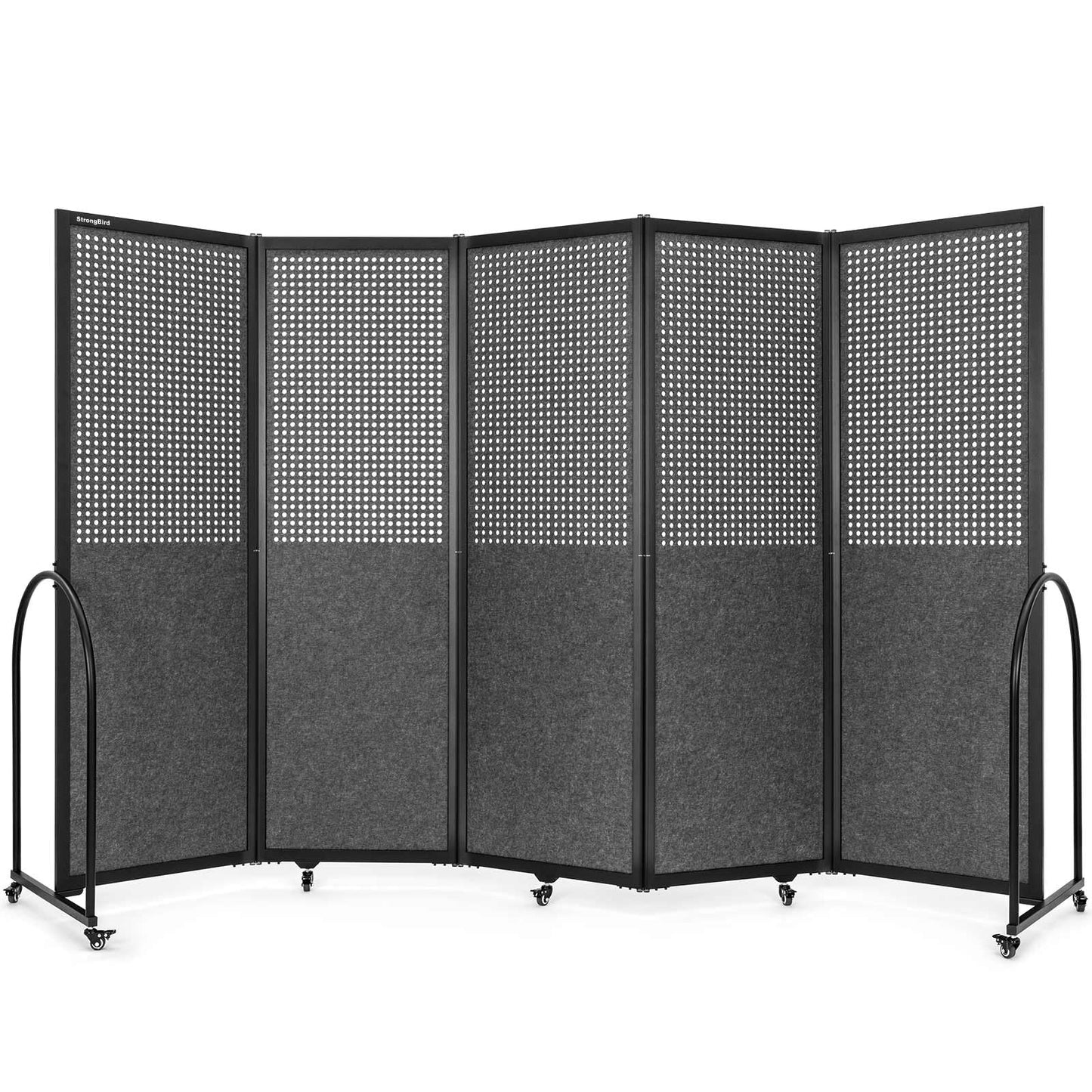 Folding Room Partition,Freestanding Privacy Divider,Portable Office Divider Wall,Commercial Space Partition Screen,Perforated Felt Panel Design,10'6"W x 6'7"H,5 Panel,Dark Grey