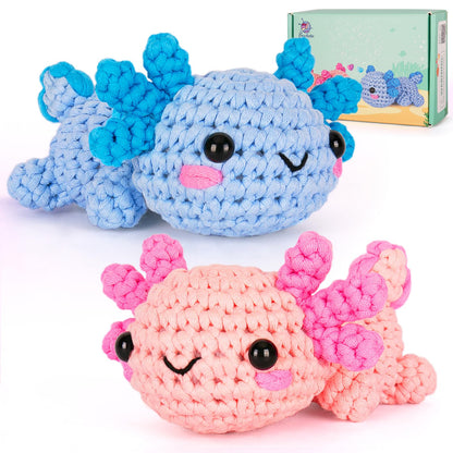 Crochetta Crochet Kit for Beginners, Beginner Crochet Starter Kit w Step-by-Step Video Tutorials, Learn to Crochet Kits for Adults Women Men, DIY Knitting Supplies, Axolotls (Blue and Pink)
