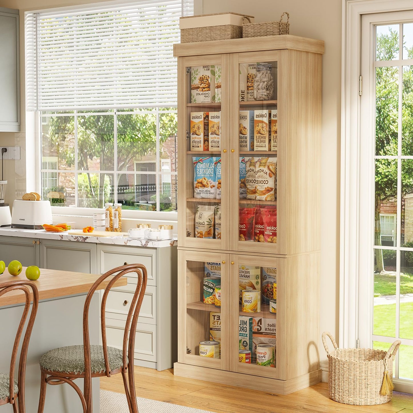Vyre 70.8" Tall Brown Bookshelf with Glass Doors, Farmhouse Modular Bookcase with 6-Tier Adjustable Shelves, Large Storage Cabinet for Living Room and Home Office