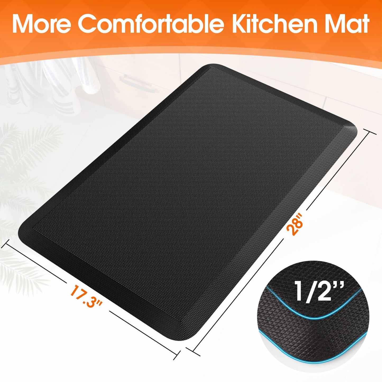 TranquilRelax Kitchen Mat, Cushioned Thick Floor Comfort Mat, with Non-Slip Bottom, Water & Stain Resistant, Easy Clean Standing Desk Mat for Kitchen, Sink, Office (17.3"x28", Black)