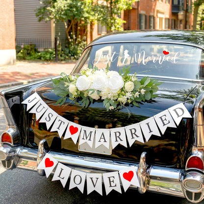 Just Married Car Wedding Decorations Kit with Artificial Flower Floral Swag / Just Married Love Sign Banner and Car Bouquet & Window Decals, Wedding Car Accessories for Bridal Shower Honeymoon Decor