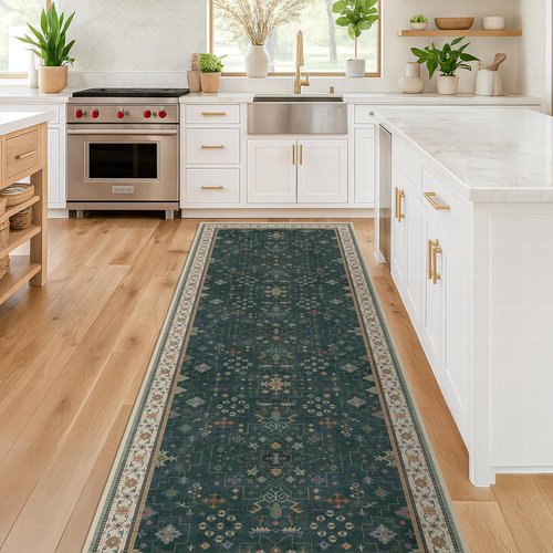 Hazo Haus Dark Green Kitchen Rug - Modern Vintage Boho Floral Design, Washable Non-Slip Runner, 2x6 ft