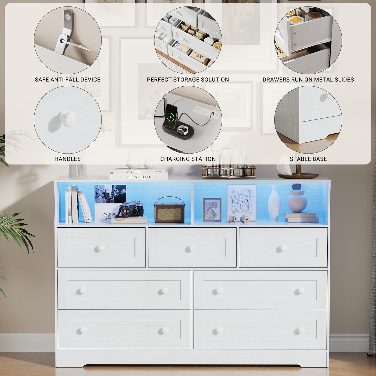 IDEALHOUSE Dresser for Bedroom with 7 Drawers, LED Lights & Charging Station, Wooden Chest with 2 Open Compartments, Freestanding Storage Organizer for Closet, Nursery, Entryway, White