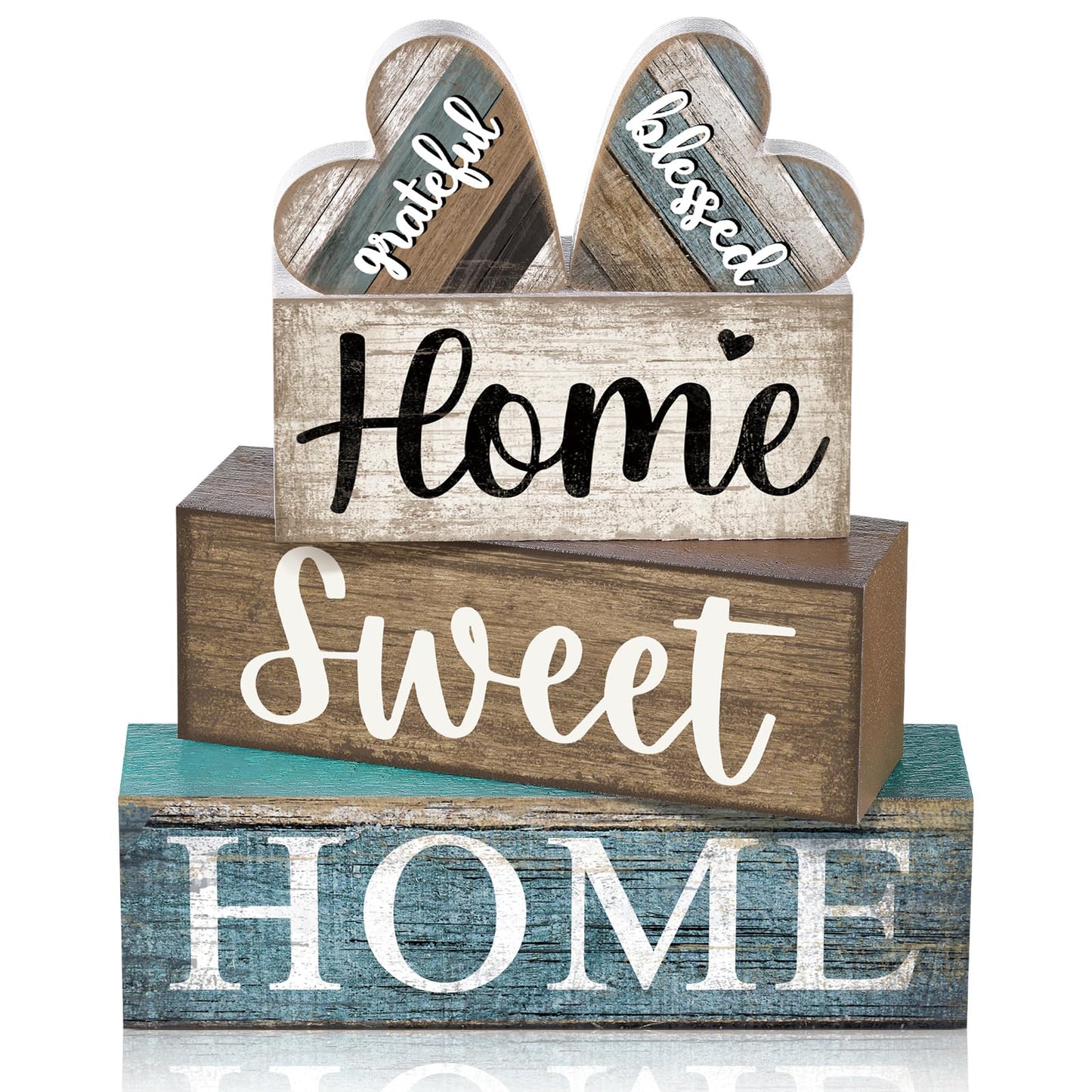CroBlissful 4 Pcs Farmhouse Wooden Tabletop Decor Sweet Home Tiered Tray Decor Rustic Heart Shaped Centerpiece Farmhouse Block Sign Housewarming Gifts for Home Kitchen Table Shelf Mantel Decoration