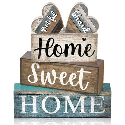 CroBlissful 4 Pcs Farmhouse Wooden Tabletop Decor Sweet Home Tiered Tray Decor Rustic Heart Shaped Centerpiece Farmhouse Block Sign Housewarming Gifts for Home Kitchen Table Shelf Mantel Decoration