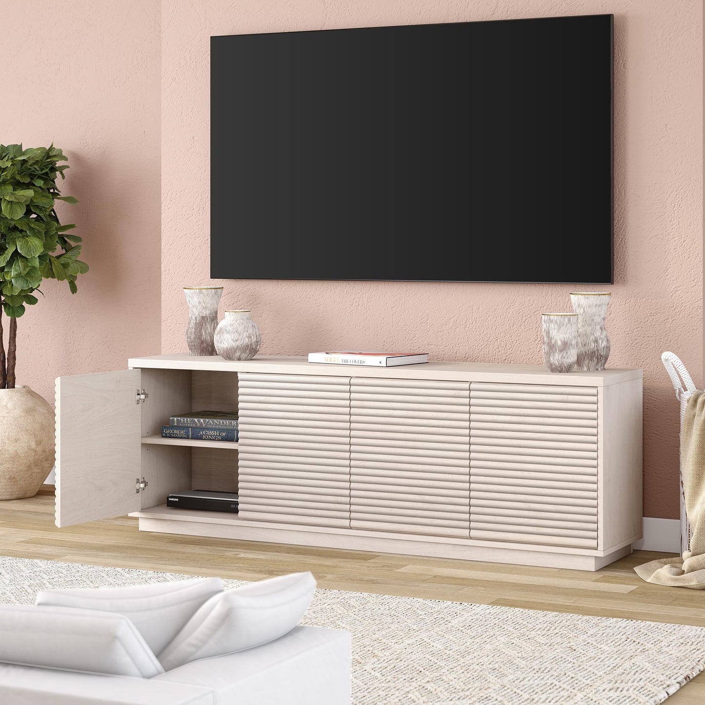 Henn&Hart Fluted TV Stand for TVs up to 78" with 2 Ribbed Storage Cabinets and Adjustable Shelves for Living Room, Family Room, or Office, Beech White