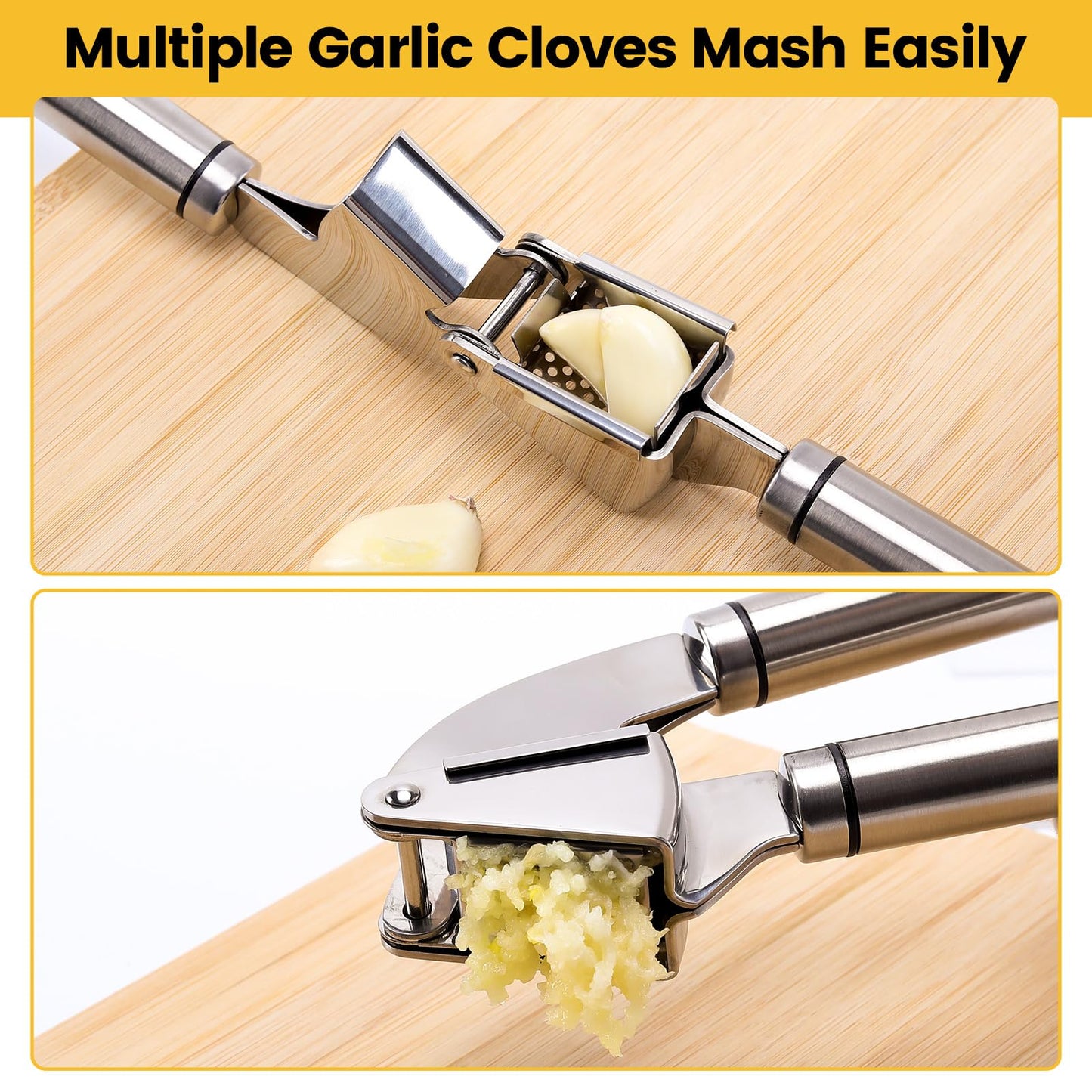Garlic Press Mincer, 304 Stainless Steel Garlic Press with Garlic Peeler Tube, Heavy Duty Metal Ginger Press, Silver
