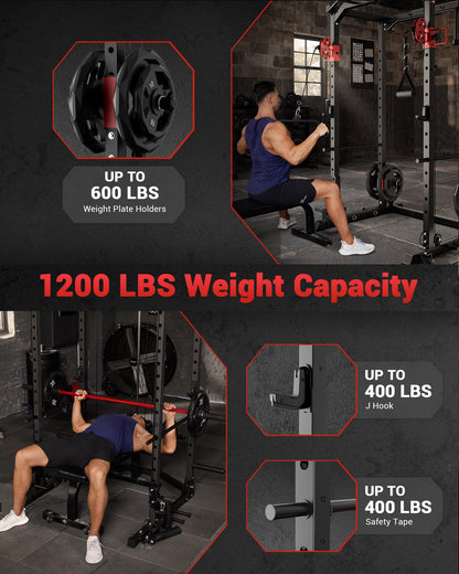 Garvee Power Cage, Multi-Functional Power Racks for Home Gym with Dual Pulley Systems, 1200 LBS Weight Capacity Fitness Squat Rack for Strength Workout with More Training Attachment, Red