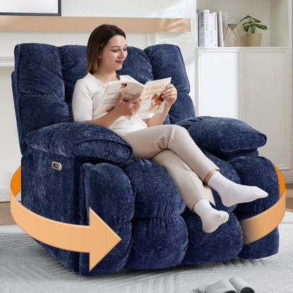 GARTMILAN Oversized Power Swivel Rocker Recliner Chair for Big and Tall, Electric Chenille Glider with USB Ports, Extra Wide Overstuffed Reclining Sofa for Living Room Nursery, 375lbs (Blue, Power)