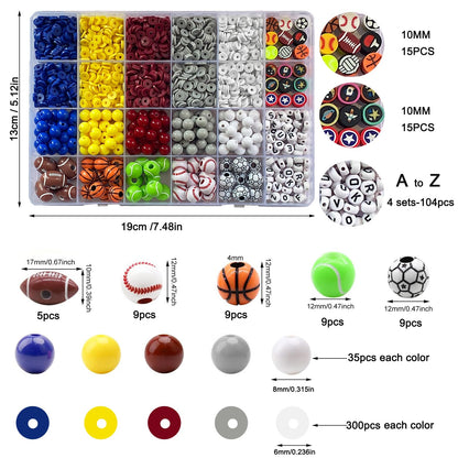 1888PCS Sports Ball Beads for Jewelry Making, Acrylic Clay Beads for Bracelets Volleyball Softball Football Baseball Basketball Soccer Bead with Letter Bead for DIY Crafts