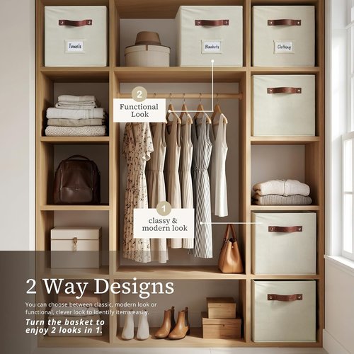 DECOMOMO Storage Bins - Fabric Cube Storage Bins with Labels | 10.5" x 11" | Set of 2, Beige
