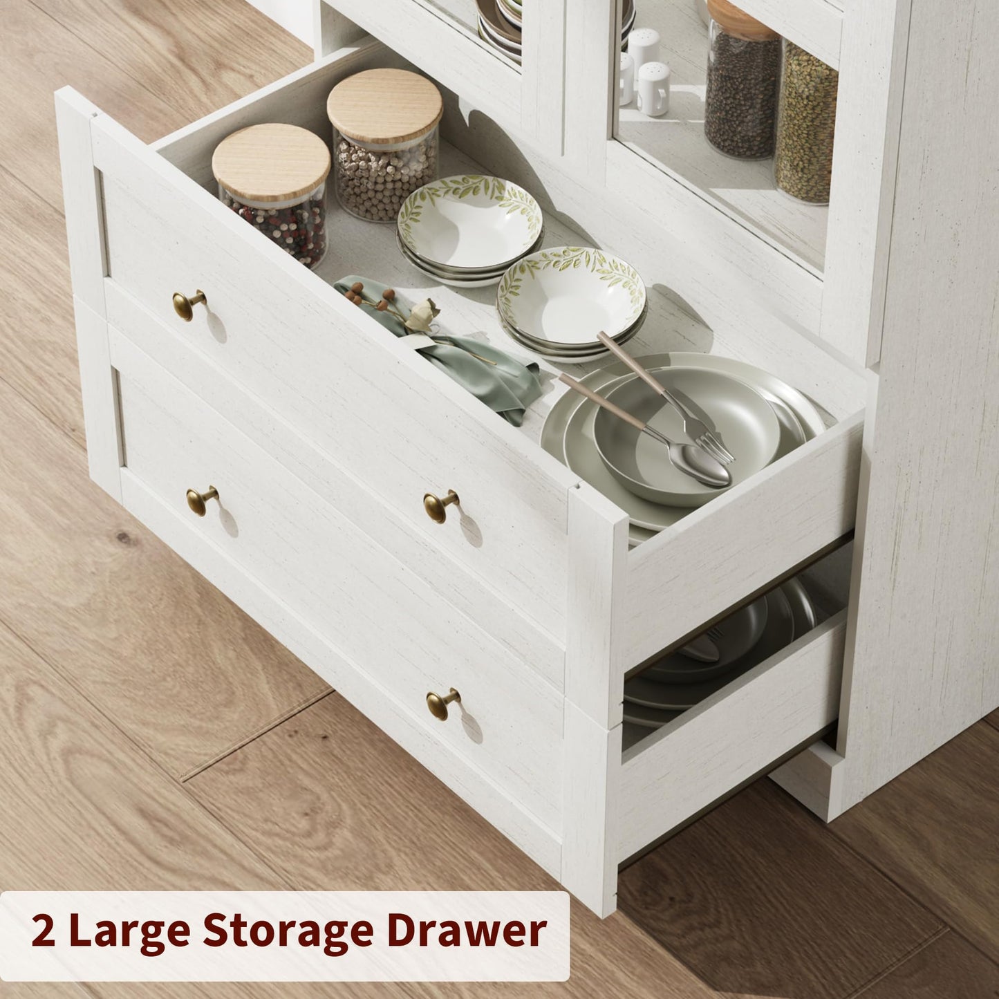 Garvee 72" Tall Dome Bookcase with Drawers, 4-Tier Wooden Bookshelf Cabinet with Glass Door, Farmhouse Arched Cabinet with Display Shelves, Wood Bookcase for Home Office, Living Room, Rustic White