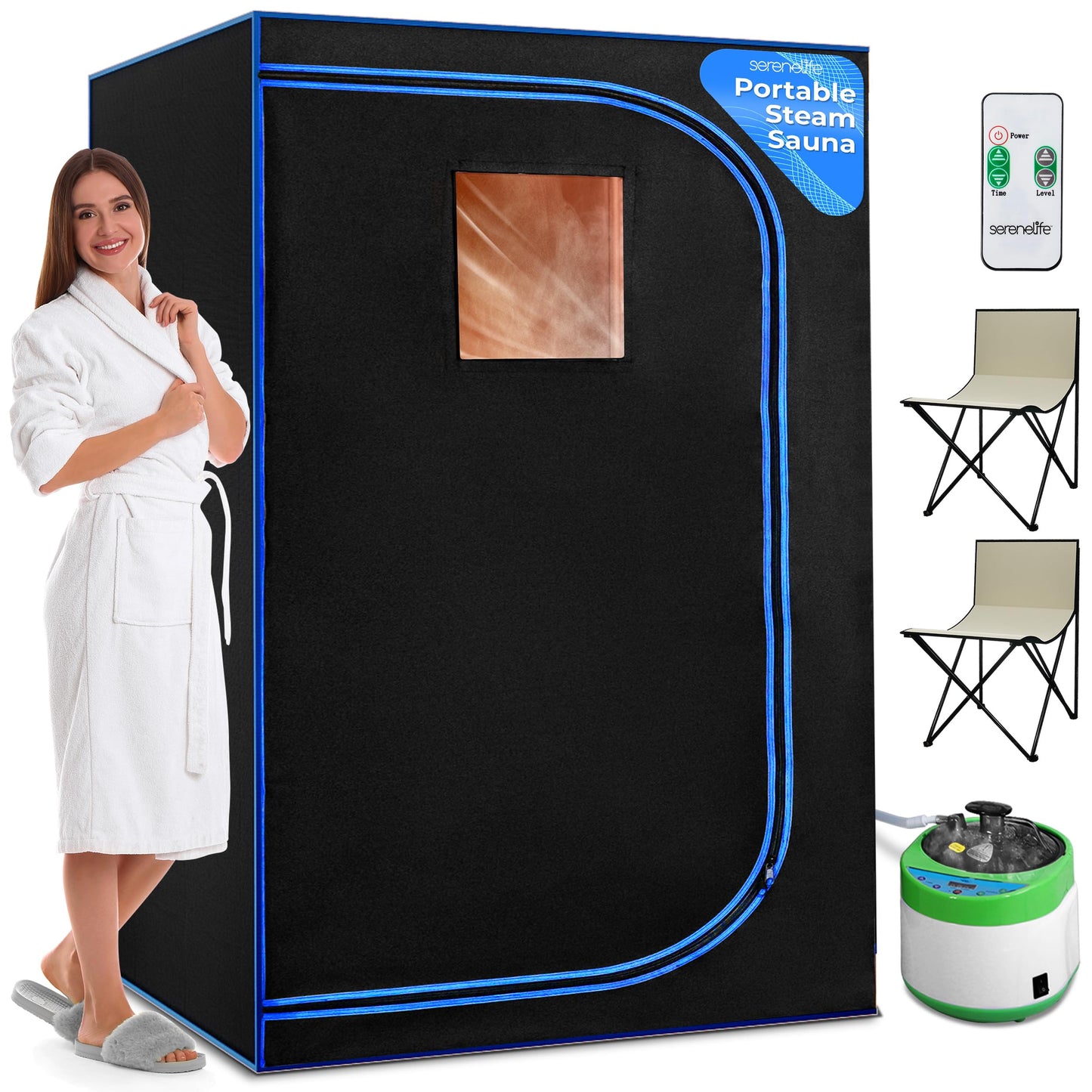 SereneLife Portable Sauna for Home, 2-Person Steam Sauna Tent with 4L Steamer, 2 Foldable Sauna Chairs, Remote Control for in-Home Spa Rejuvenation, 71"x47" (Black)