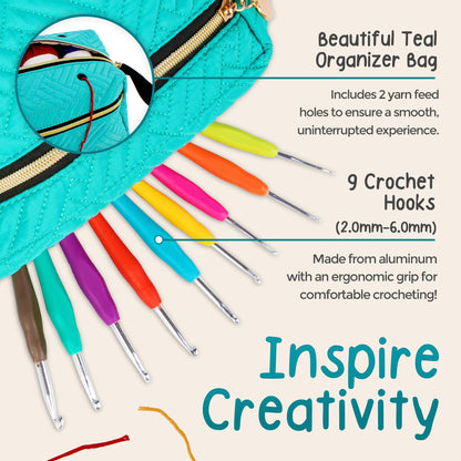 Hikiyose Crochet Kit for Beginners Adults - Crochet Accessories with 12 Soft Crochet Yarn Set, 9 Hooks, Storage Bag, Blue Whale Video Tutorial - Easy Crochet Kit for Beginners Kids, Hobbies for Women