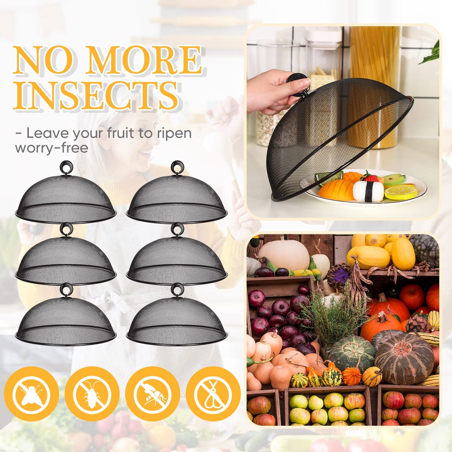 Gerrii 6 Pcs Metal Mesh Food Cover Outdoor Mesh Food Tents Dome Screen Plate Covers for Dinner Plates Reusable Fruit Fly Nets Picnic Umbrella for Table, BBQ, Camping, Party(Black,11 Inch)