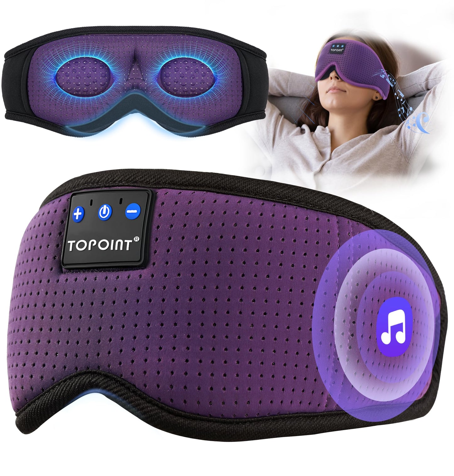 TOPOINT Sleep Mask with Bluetooth Headphones, Breathable Silk Eye Mask for Sleeping Men Women, Bluetooth Sleep Mask Blackout with Speakers, Microphone Handsfree, USB C for Travel Meditation Gifts