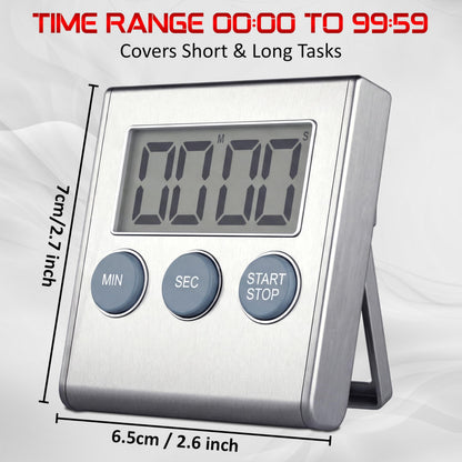 Digital Kitchen Timer for Cooking, Magnetic Countdown Timer with Loud 80dB Alarm, Large Display, Adjustable Stand, Auto Memory, Stop Watch for Classroom, Study, Kids - Silver