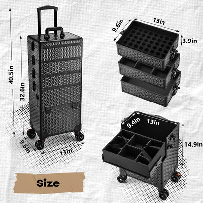 Yueieoun 5 in 1 Makeup Train Case, Cosmetology Case on Wheels Travel Make up Case Rolling Nail Cart Makeup Organizer Cosmetic Storage Box Cases Extra Large Trolley Truck with 360° Swivel Wheels, Black