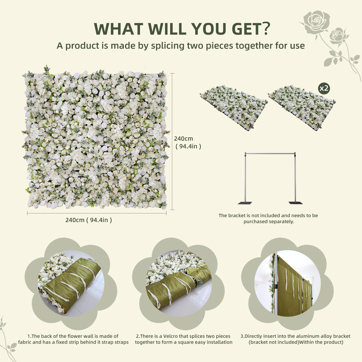 flora shining Artificial White Rose Flower Wall Panel, 94.5 x 94.5 inches, Wedding & Event Backdrop Decoration