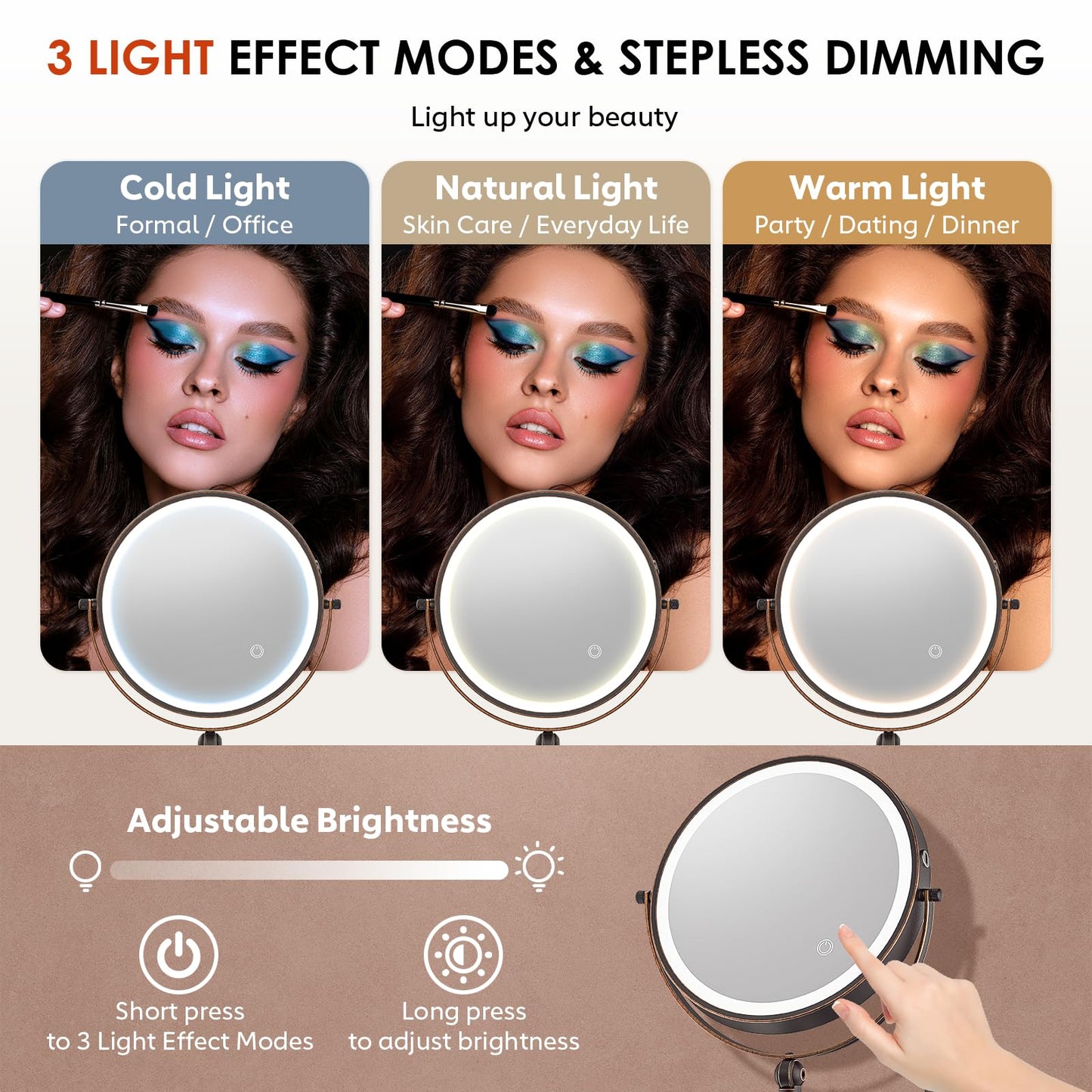 9" Wall Mounted Lighted Makeup Mirror,4000mAh Rechargeable Double Sided 1X/10X Magnifying Mirror with Light,3 Color Lights,Touch Dimmable,Extended Arm 360 Rotation Wall Mounted Makeup Mirror