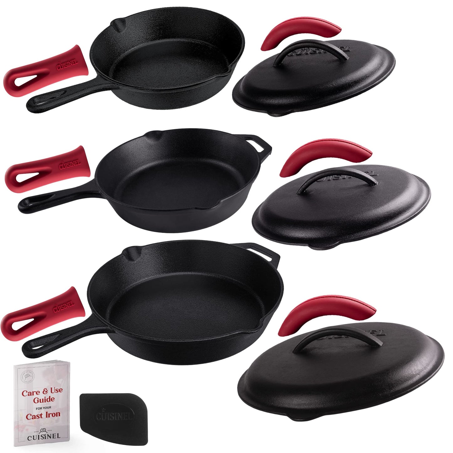 Cuisinel 12" + 10" + 8"-Inch Cast Iron Skillets Set with Braiser Lids + Silicone Handle Grips + Pan Scraper - Indoor/Outdoor Pre-Seasoned Kitchen Cookware - Oven, Fire, Stove Safe