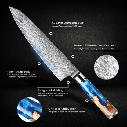 SENKEN 15-Piece Damascus Knife Block Set - "Tsunami" Collection Japanese Chef Knife Set - 67-Layer Japanese VG10 Steel Blades, Includes Chef Knife, Cleaver, 6 Steak Knives (Blue)