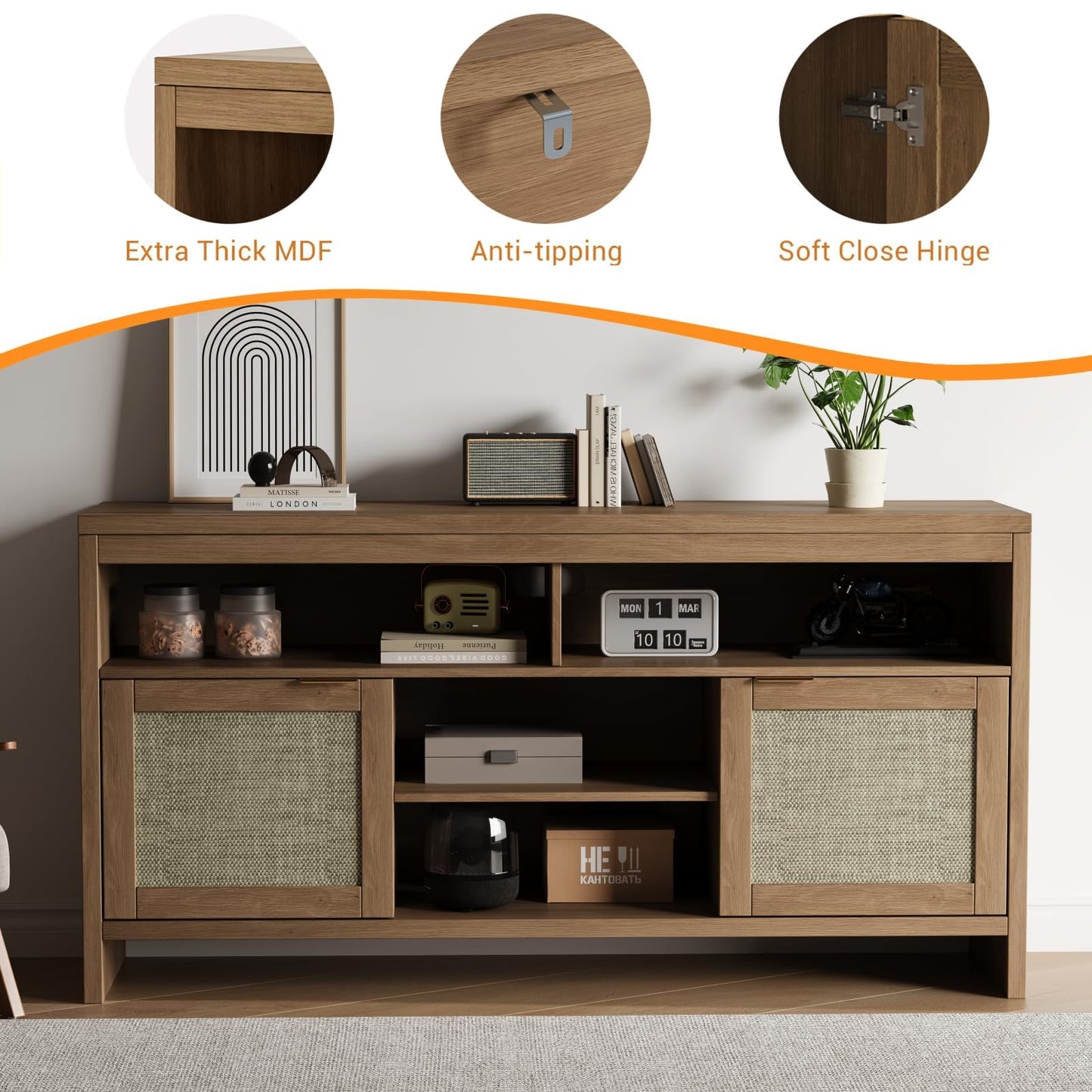 Boho TV Stand for TV up to 65 Inch,58"Modern Rattan Entertainment Center with Storage and Adjustable Shelves,Wooden Media TV Console Cabinet with Doors for Living Room/Bedroom/Apartment/Farmhouse(Oak)