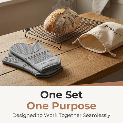 MaisonOdell Sourdough Cooling & Storage Set – Bread Cooling Rack (17×11×3), Linen Bread Bag (15×12), Heat-Resistant Oven Mitts – Complete Bread Cooling & Storage Solution
