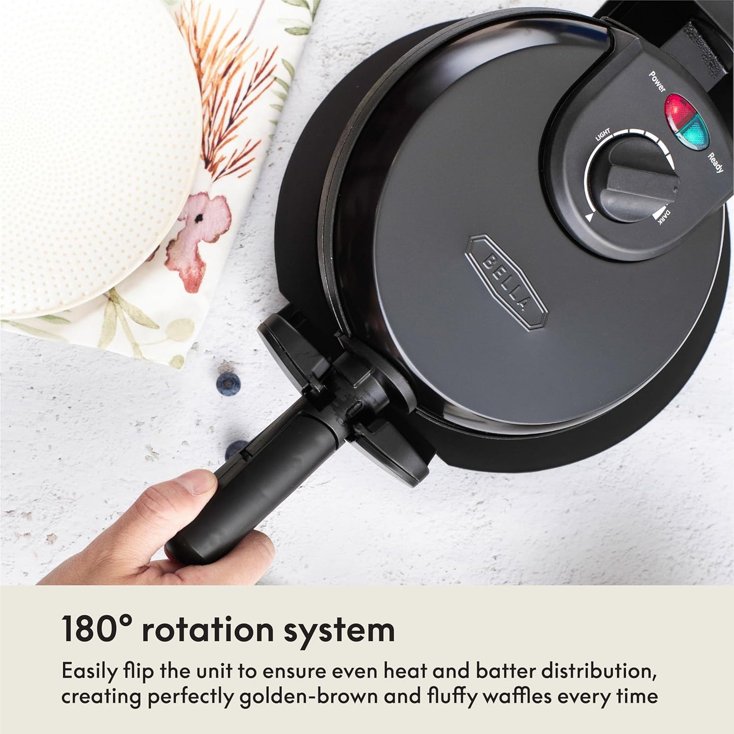 BELLA Classic Belgian Waffle Maker - Rotating with Nonstick Plates, Adjustable Browning Control, Black