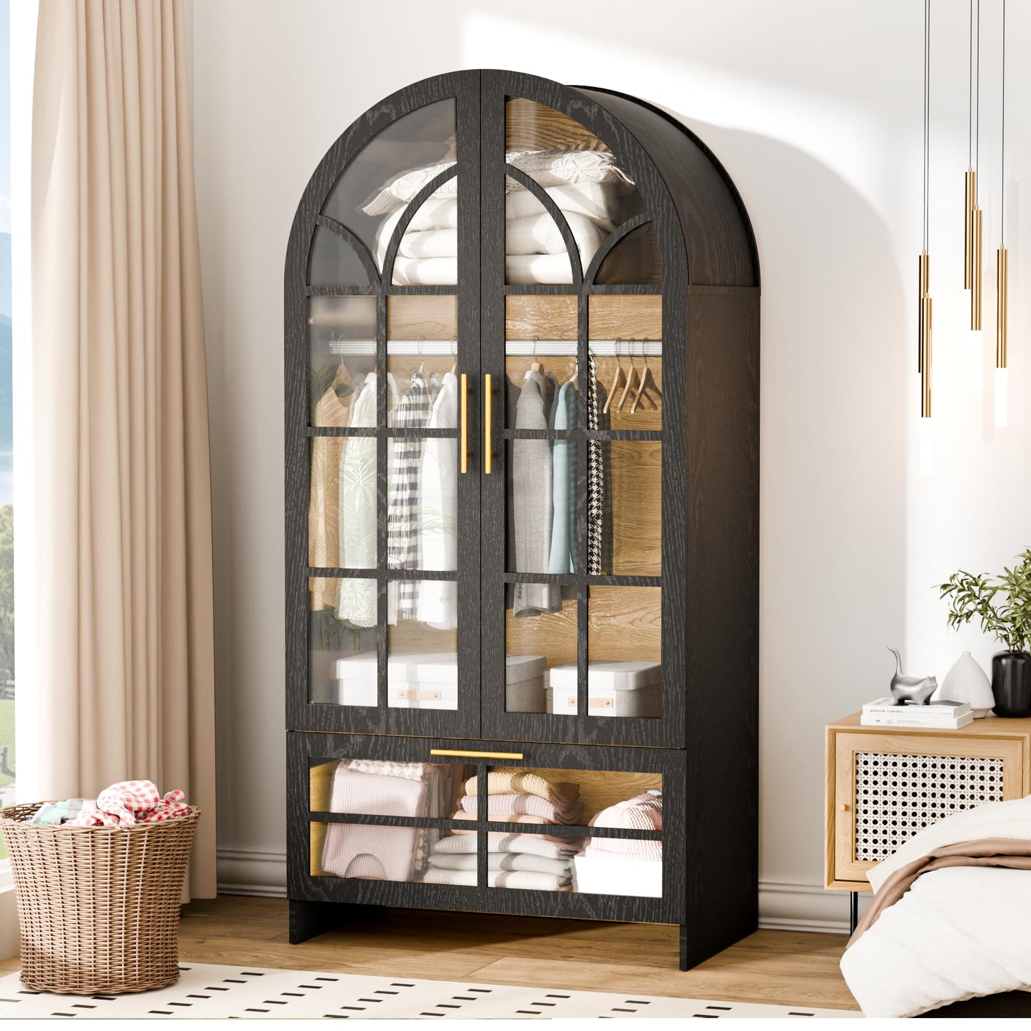 Topcomfy Armoire Wardrobe Closet with Drawer, 71”Tall Arched Wardrobe Cabinet with Hanging Rod&Glass Door – Wooden Freestanding Clothing Storage Cabinet Closet Organizer for Bedroom, Entryway or Dorm