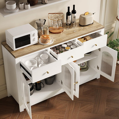 Farmhouse Large Buffet Sideboard Cabinet with 4 Doors & 3 Drawers, Kitchen Cabinet Display Cabinet with Adjustable Shelf, Wine Buffet Cabinet with Storage for Dining Room, Living Room, White