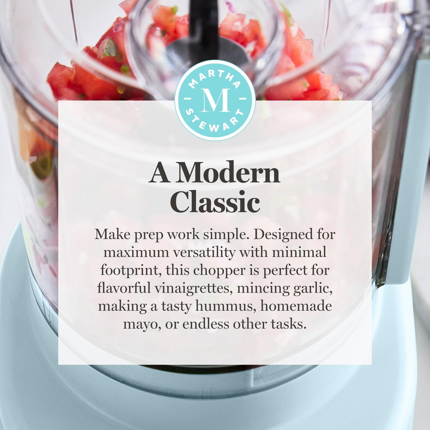 Martha Stewart 3 Cup Food Processor, Electric Vegetable Chopper, Stainless Steel Blades, 24oz BPA-Free Bowl, Pour Spout, Dicing, Mincing, Chop & Puree, Dishwasher Safe, Oil Chute, Easy-Clean, Sky Blue