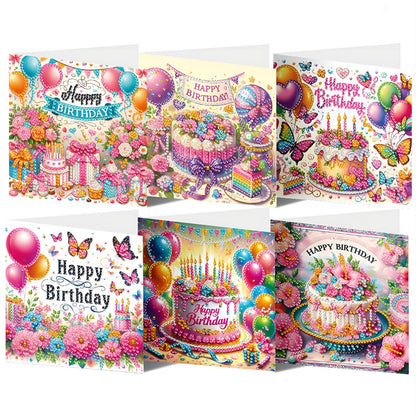 ACSAUMMY DIY Happy Birthday Diamond Art Painting Cards, 6 Pack Cake Gem Art Greeting Cards with Envelopes, 5D Diamond Dots Kits Birthday Cards Making Kits for Adults Family Friends Birthday Gifts