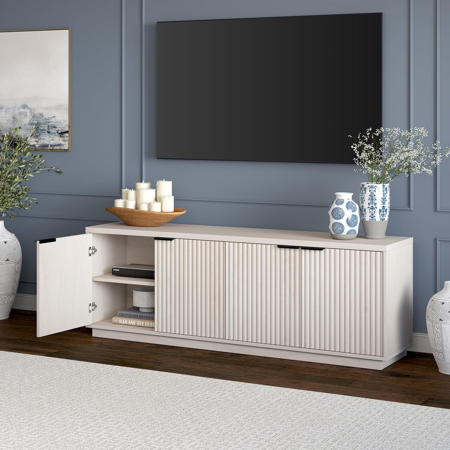 Henn&Hart Fluted TV Stand for TVs up to 78" with 2 Ribbed Storage Cabinets and Adjustable Shelves for Living Room, Family Room, or Office, Beech White