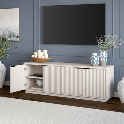 Henn&Hart Fluted TV Stand for TVs up to 78" with 2 Ribbed Storage Cabinets and Adjustable Shelves for Living Room, Family Room, or Office, Beech White