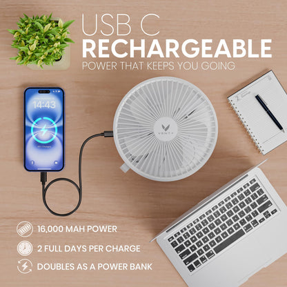 VENTY Portable Fan - Wireless Battery Operated Fan - 4 Speeds - LED Lighting - Carry Case & Remote Control - Cruise Travel - Outdoor Travel RV Power Bank With USB-C Port (White with Case)
