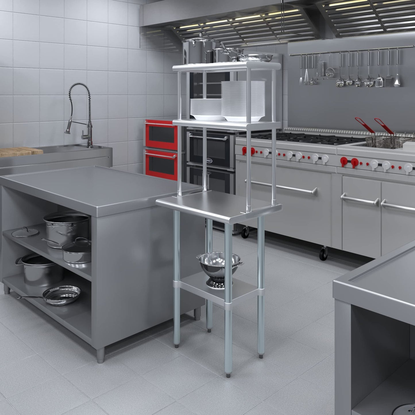 Amgood Stainless Steel Work Table Double Tier Overshelf | (18" x 24" Work Table + 12" Overshelf)