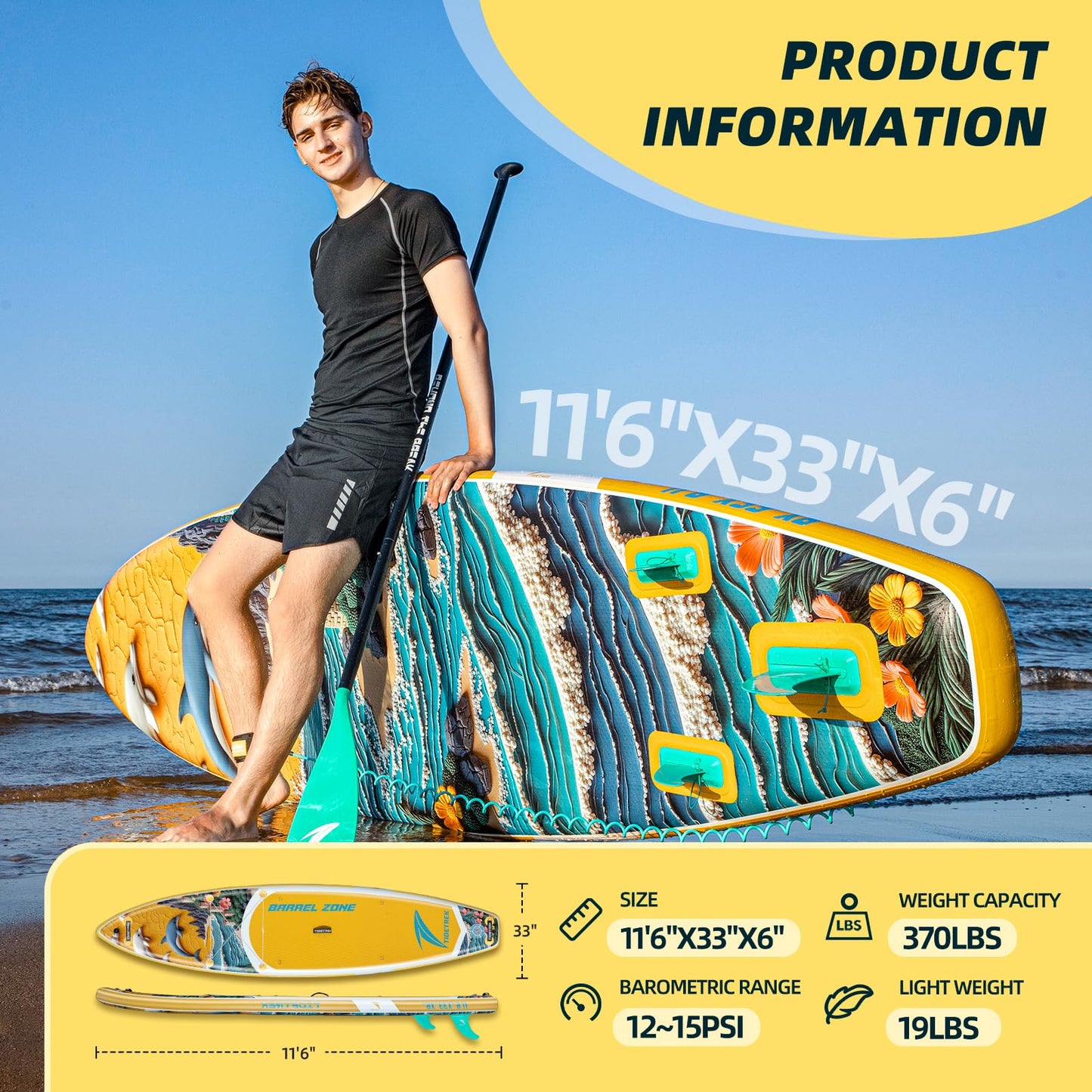 TIDETREK 11'/11'6" x 33"/34" x 6" Inflatable SUP Paddle Board – Extra-Wide, Stable Stand Up Paddle Board with Premium Full Accessory Set for Adults & Youth (Sunny Wave, 11'6"x33"x6")