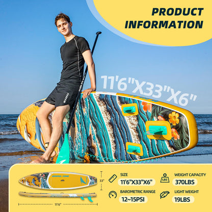 TIDETREK 11'/11'6" x 33"/34" x 6" Inflatable SUP Paddle Board – Extra-Wide, Stable Stand Up Paddle Board with Premium Full Accessory Set for Adults & Youth (Sunny Wave, 11'6"x33"x6")