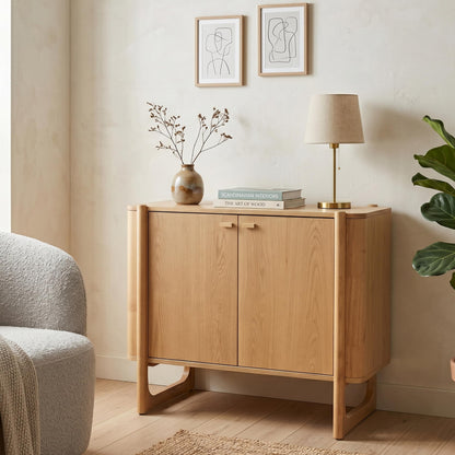 AllForWood Apollo Mid-Century Modern Wooden Accent Cabinet, Buffet and Media Console, Storage Cabinet with Solid Wood Legs, Soft-Closed Hinges and Adjustable Shelves (Light Oak)